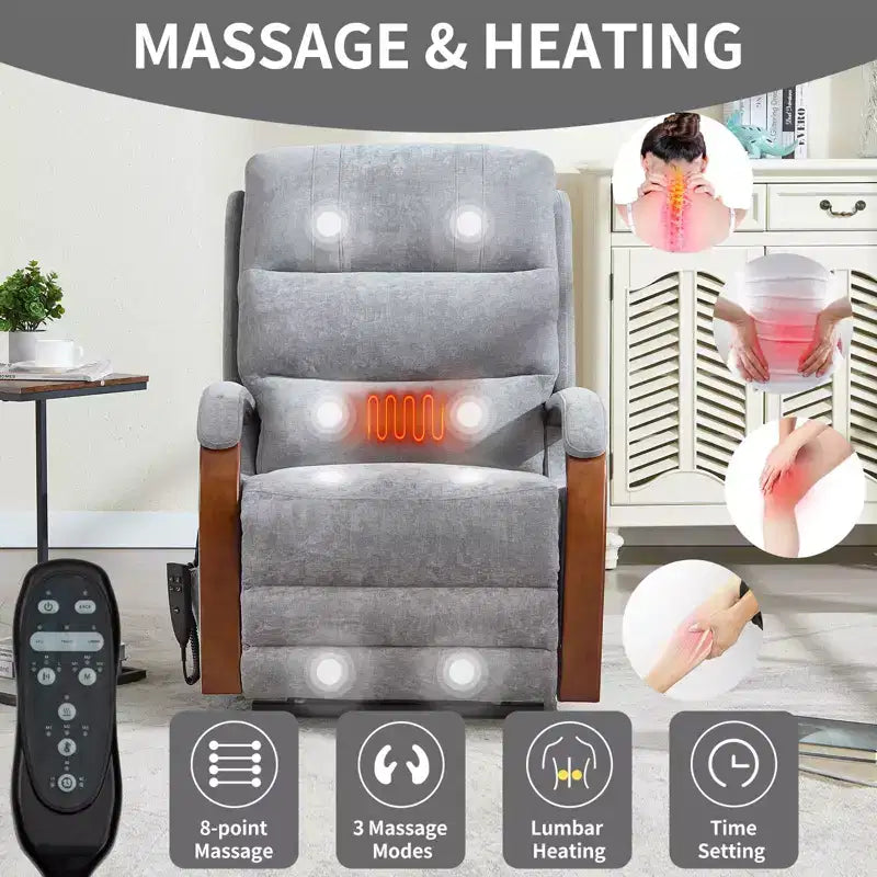 Grey Chenille Power Lift Recliner Chair with Solid Wood Armrests and Heat Massage for Living Room Apartment