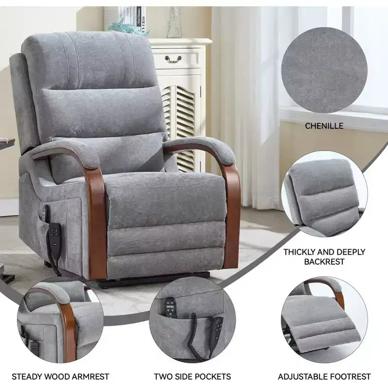 Grey Chenille Power Lift Recliner Chair with Solid Wood Armrests and Heat Massage for Living Room Apartment