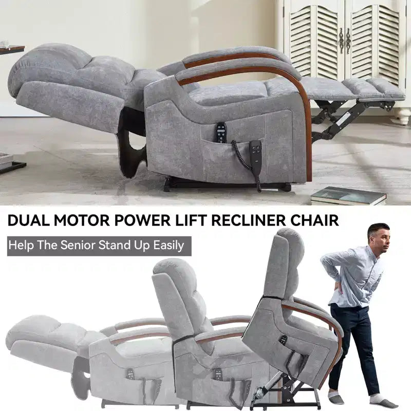 Grey Chenille Power Lift Recliner Chair with Solid Wood Armrests and Heat Massage for Living Room Apartment