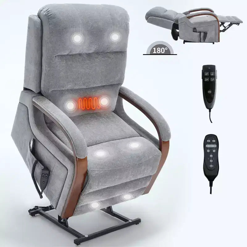 Grey Chenille Power Lift Recliner Chair with Solid Wood Armrests and Heat Massage for Living Room Apartment