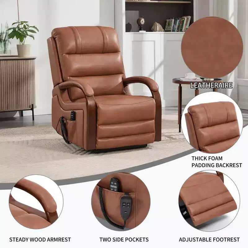 Grey Chenille Power Lift Recliner Chair with Solid Wood Armrests and Heat Massage for Living Room Apartment