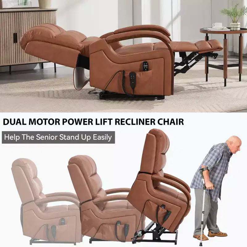 Grey Chenille Power Lift Recliner Chair with Solid Wood Armrests and Heat Massage for Living Room Apartment