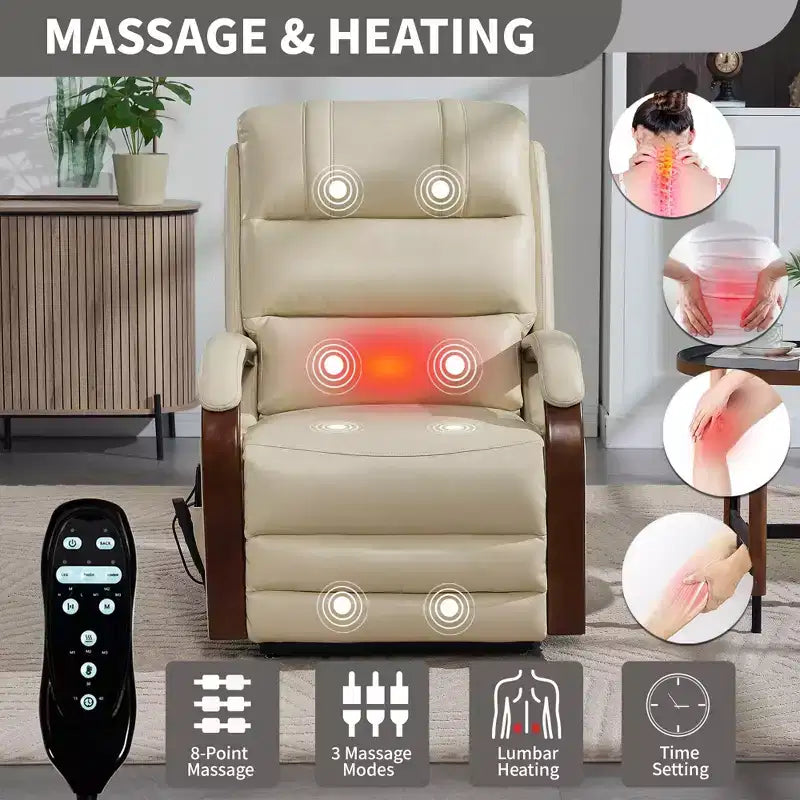 Grey Chenille Power Lift Recliner Chair with Solid Wood Armrests and Heat Massage for Living Room Apartment