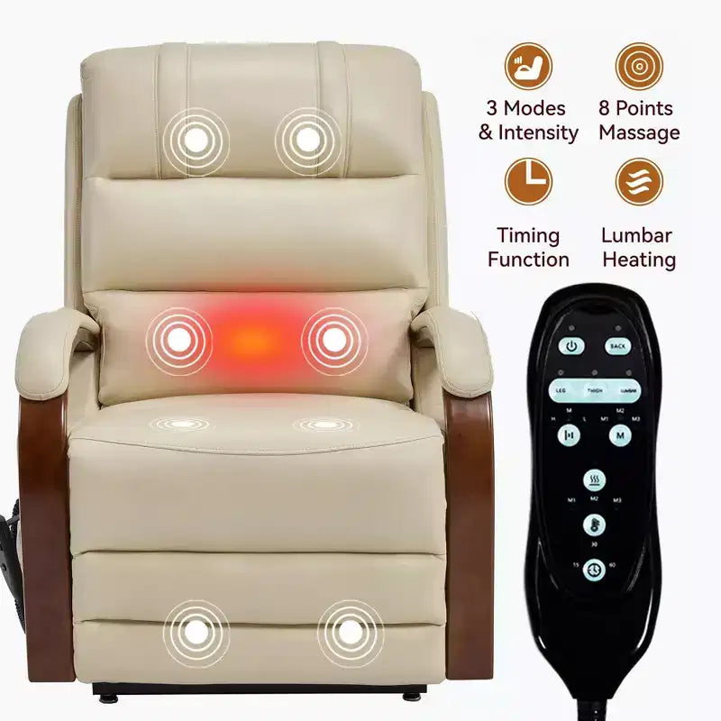 Grey Chenille Power Lift Recliner Chair with Solid Wood Armrests and Heat Massage for Living Room Apartment