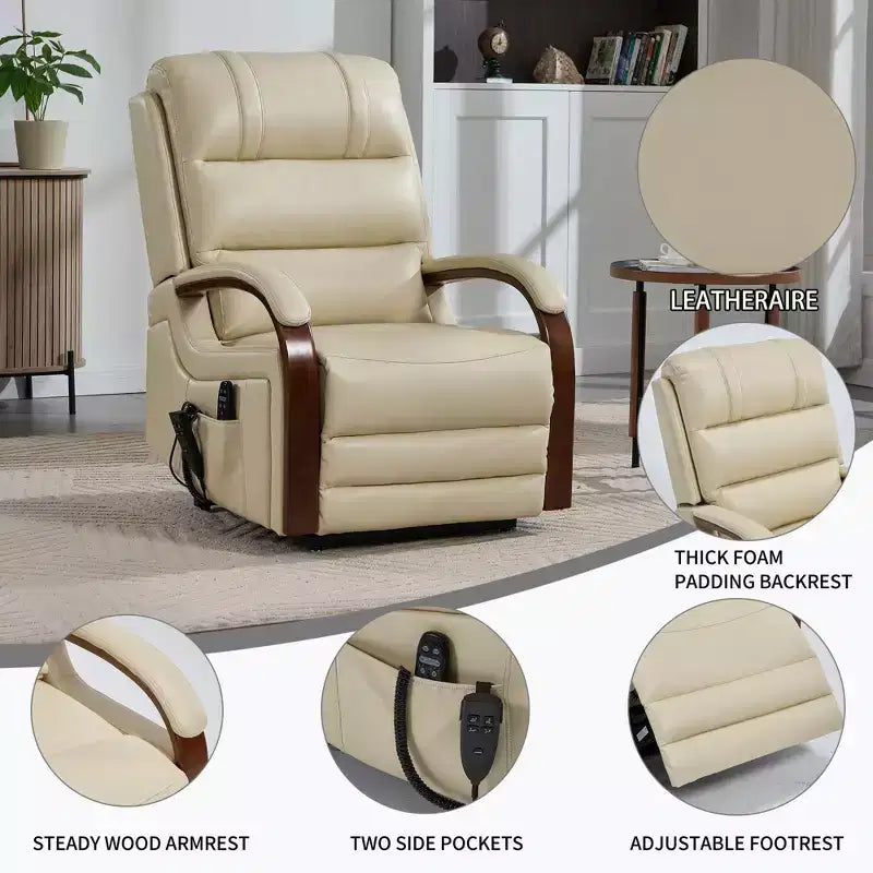 Grey Chenille Power Lift Recliner Chair with Solid Wood Armrests and Heat Massage for Living Room Apartment