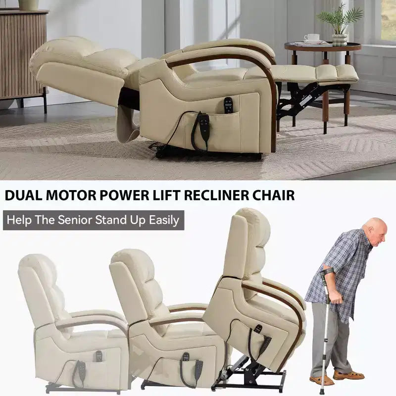 Grey Chenille Power Lift Recliner Chair with Solid Wood Armrests and Heat Massage for Living Room Apartment