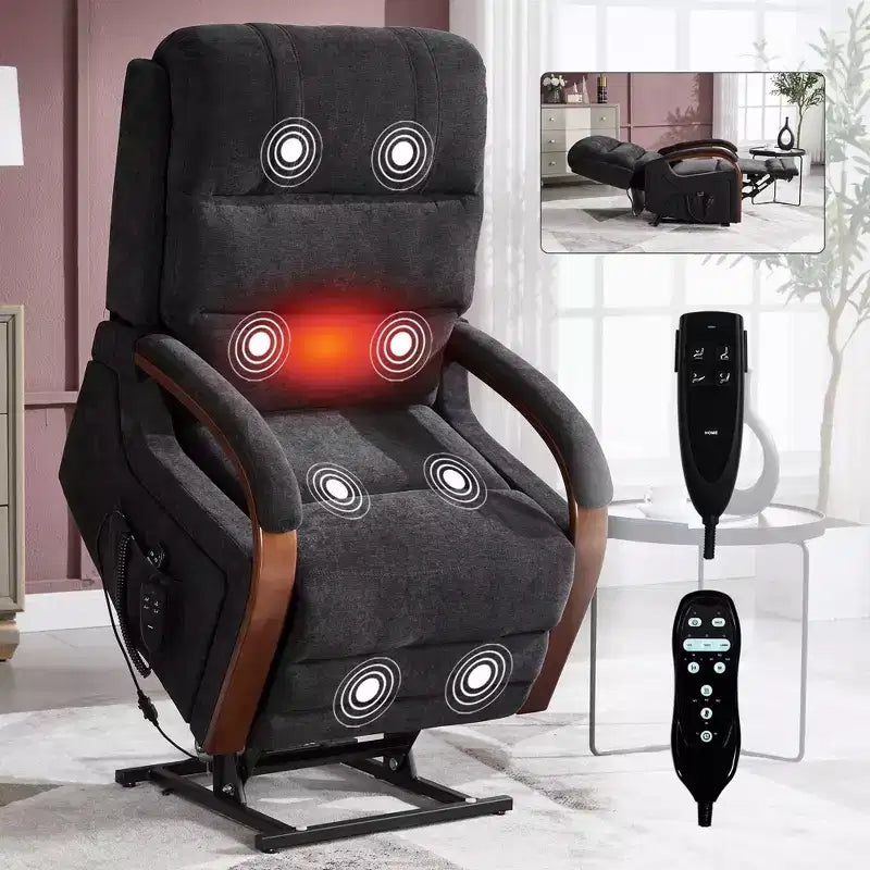 Grey Chenille Power Lift Recliner Chair with Solid Wood Armrests and Heat Massage for Living Room Apartment