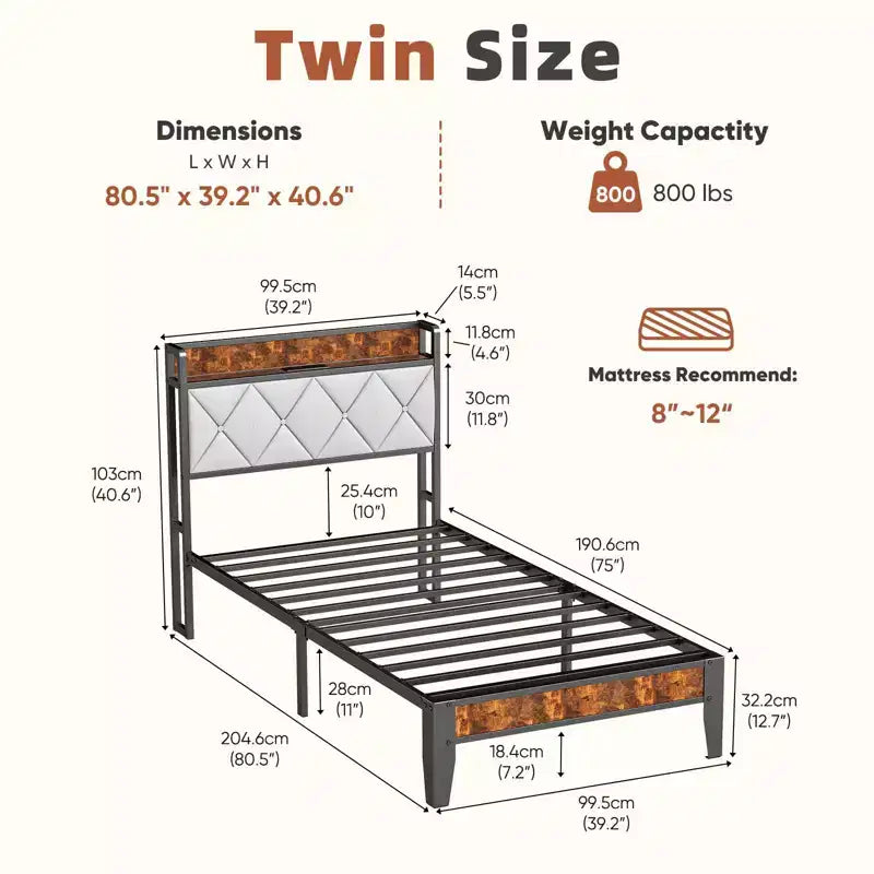 Storage Platform Bed Frame with Soft Padding, Heavy-Duty Slatted Bed Frame, Sturdy Iron Mattress Foundation, 1100lbs Capacity