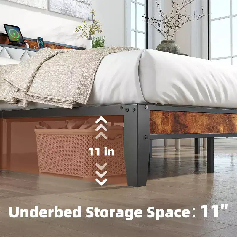 Storage Platform Bed Frame with Soft Padding, Heavy-Duty Slatted Bed Frame, Sturdy Iron Mattress Foundation, 1100lbs Capacity