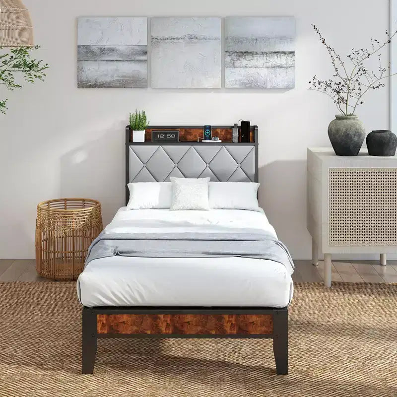 Storage Platform Bed Frame with Soft Padding, Heavy-Duty Slatted Bed Frame, Sturdy Iron Mattress Foundation, 1100lbs Capacity