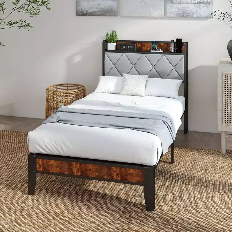 Storage Platform Bed Frame with Soft Padding, Heavy-Duty Slatted Bed Frame, Sturdy Iron Mattress Foundation, 1100lbs Capacity