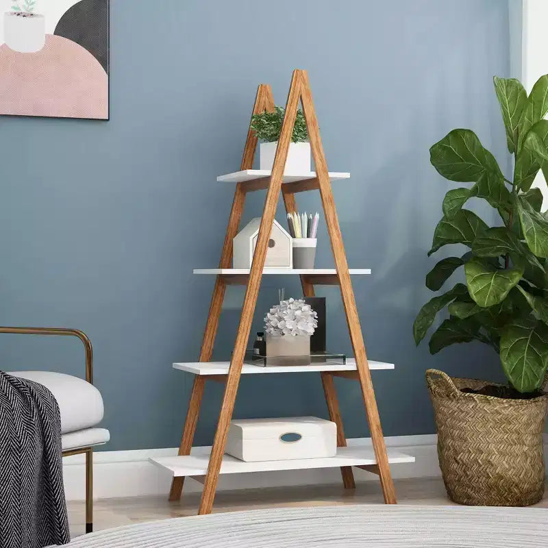 A-Frame Ladder Display Bookshelf, Solid Bamboo Wood, Home Use