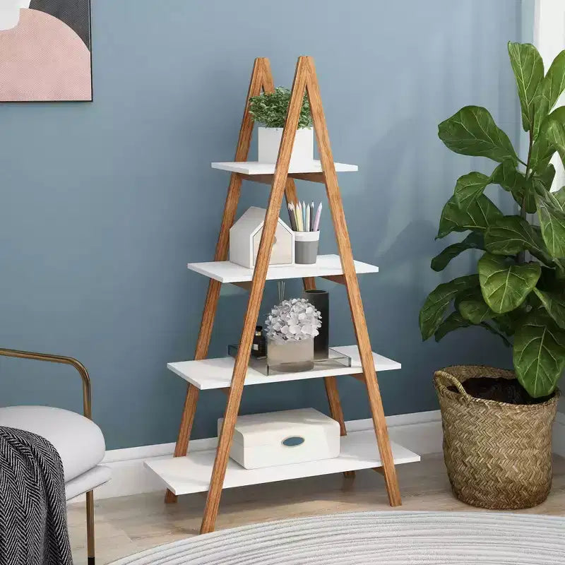 A-Frame Ladder Display Bookshelf, Solid Bamboo Wood, Home Use