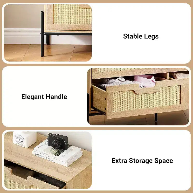 6 Drawer Rattan Dresser, Fluted Chest with Stable Legs, Anti-Tipping Storage Cabinet for Bedroom