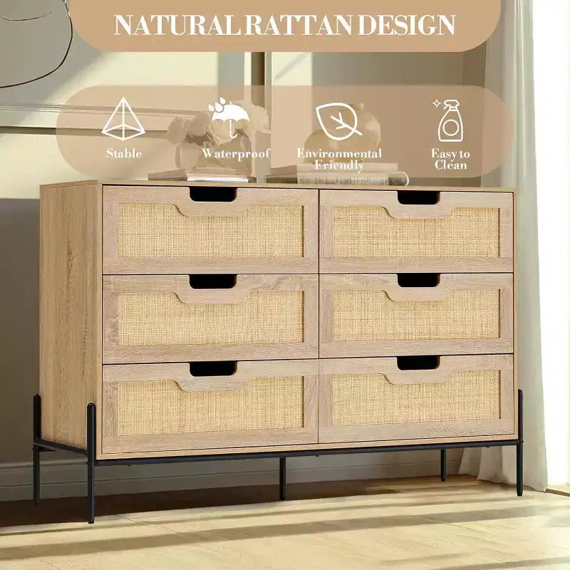 6 Drawer Rattan Dresser, Fluted Chest with Stable Legs, Anti-Tipping Storage Cabinet for Bedroom