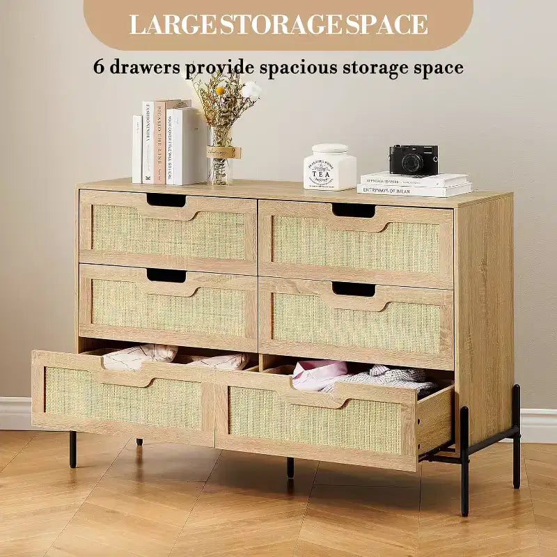 6 Drawer Rattan Dresser, Fluted Chest with Stable Legs, Anti-Tipping Storage Cabinet for Bedroom