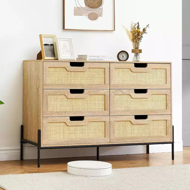 6 Drawer Rattan Dresser, Fluted Chest with Stable Legs, Anti-Tipping Storage Cabinet for Bedroom