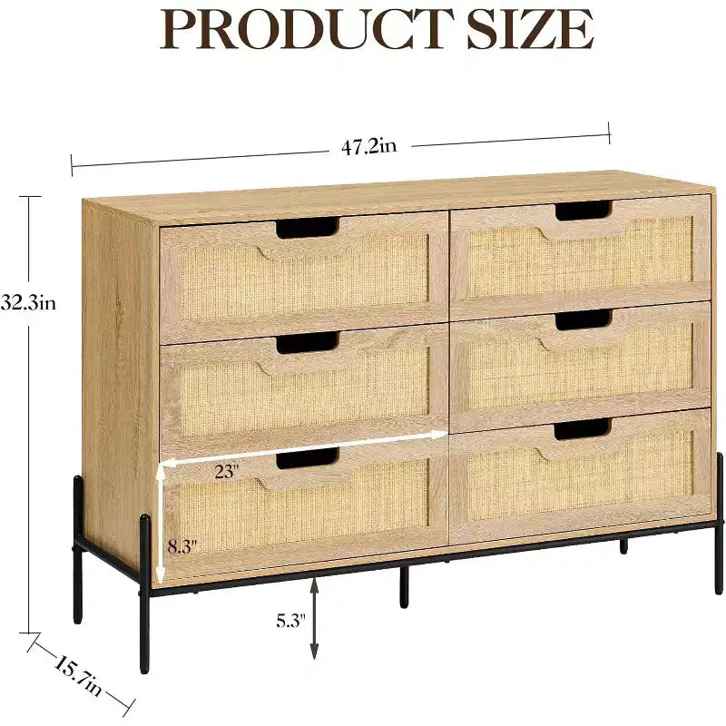 6 Drawer Rattan Dresser, Fluted Chest with Stable Legs, Anti-Tipping Storage Cabinet for Bedroom