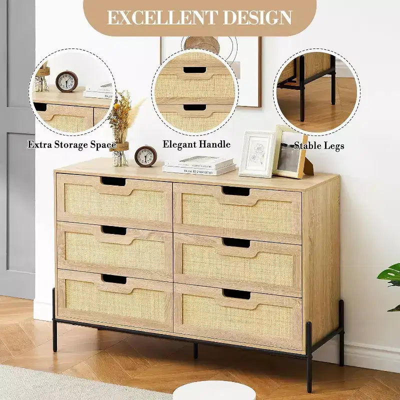 6 Drawer Rattan Dresser, Fluted Chest with Stable Legs, Anti-Tipping Storage Cabinet for Bedroom
