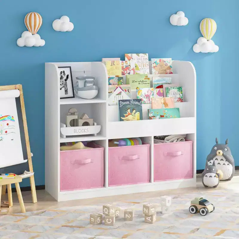 Multifunctional Bookshelf and Bookcase with 3 Collapsible Fabric Drawers, Display Stand for Bedroom Playroom, White Pink