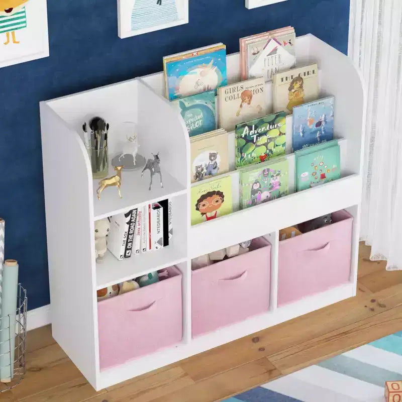 Multifunctional Bookshelf and Bookcase with 3 Collapsible Fabric Drawers, Display Stand for Bedroom Playroom, White Pink