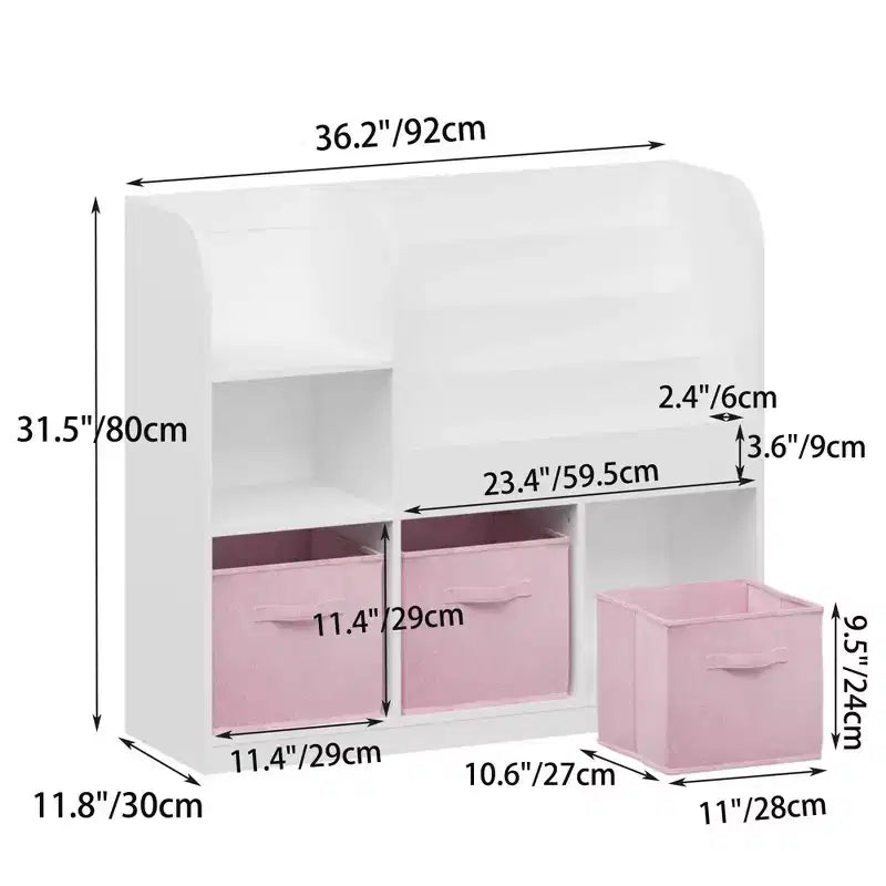 Multifunctional Bookshelf and Bookcase with 3 Collapsible Fabric Drawers, Display Stand for Bedroom Playroom, White Pink
