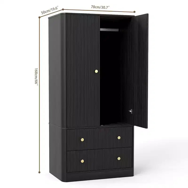 Clothing Wardrobe 2 Doors 2 Drawers, Elegant Wooden Freestanding Storage Cabinet for Bedroom Living Room Office