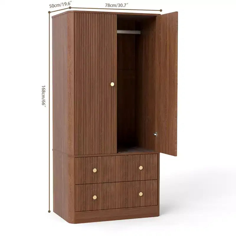 Clothing Wardrobe 2 Doors 2 Drawers, Elegant Wooden Freestanding Storage Cabinet for Bedroom Living Room Office