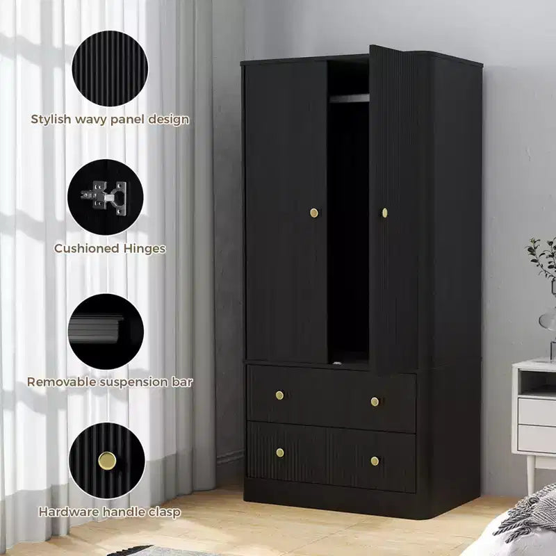 Clothing Wardrobe 2 Doors 2 Drawers, Elegant Wooden Freestanding Storage Cabinet for Bedroom Living Room Office