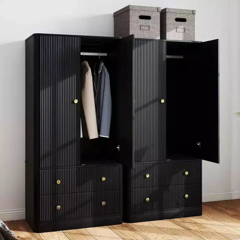 Clothing Wardrobe 2 Doors 2 Drawers, Elegant Wooden Freestanding Storage Cabinet for Bedroom Living Room Office