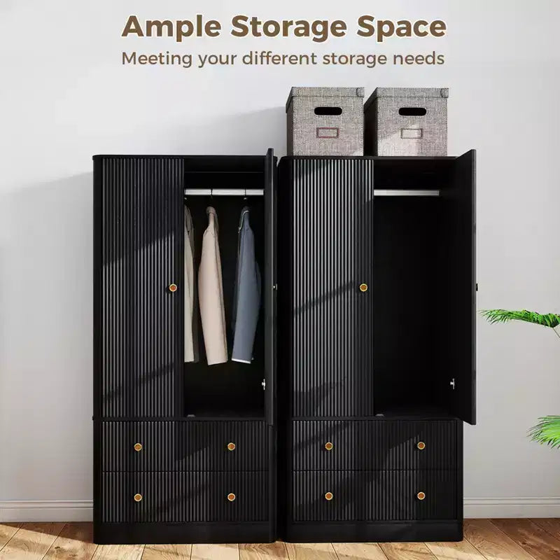 Clothing Wardrobe 2 Doors 2 Drawers, Elegant Wooden Freestanding Storage Cabinet for Bedroom Living Room Office