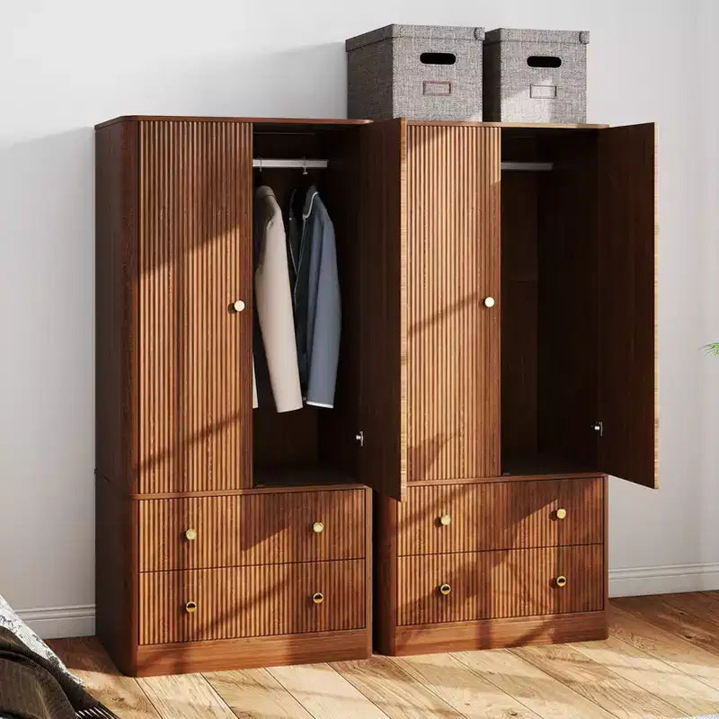 Clothing Wardrobe 2 Doors 2 Drawers, Elegant Wooden Freestanding Storage Cabinet for Bedroom Living Room Office