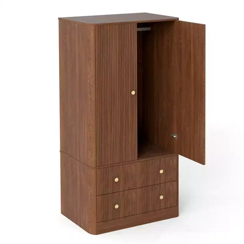 Clothing Wardrobe 2 Doors 2 Drawers, Elegant Wooden Freestanding Storage Cabinet for Bedroom Living Room Office