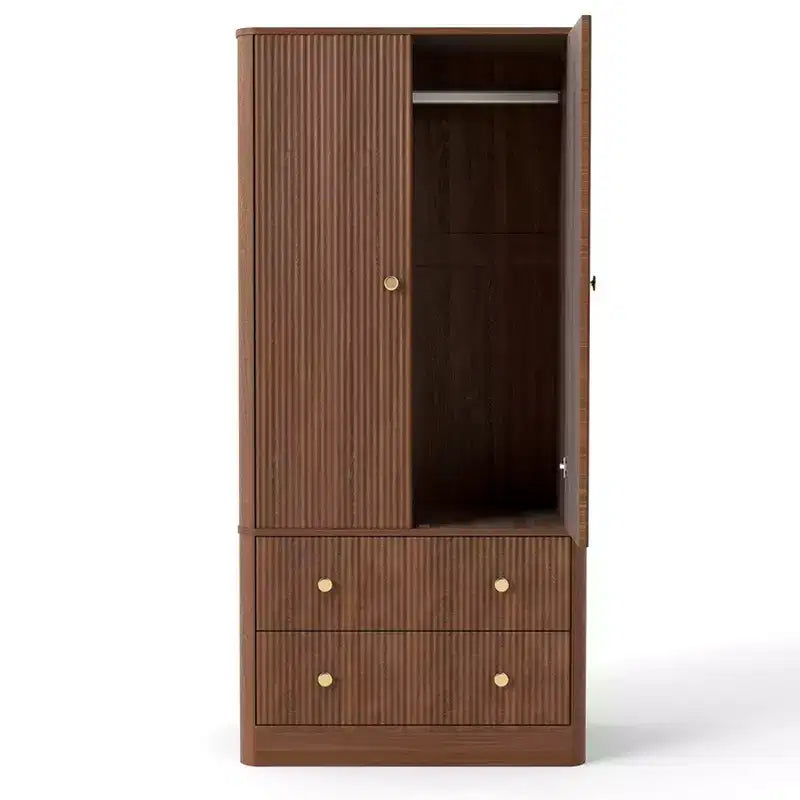 Clothing Wardrobe 2 Doors 2 Drawers, Elegant Wooden Freestanding Storage Cabinet for Bedroom Living Room Office
