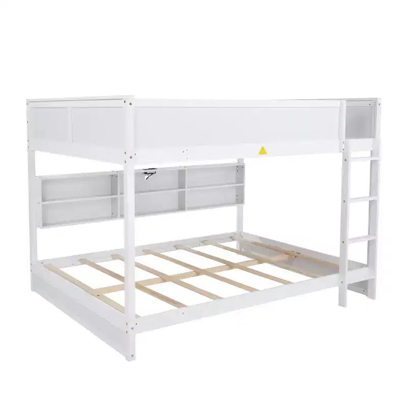 Queen Over Queen Wood Bunk Bed with Built-in Storage Cabinets, Charging Station, Ladder and Safety Guardrails