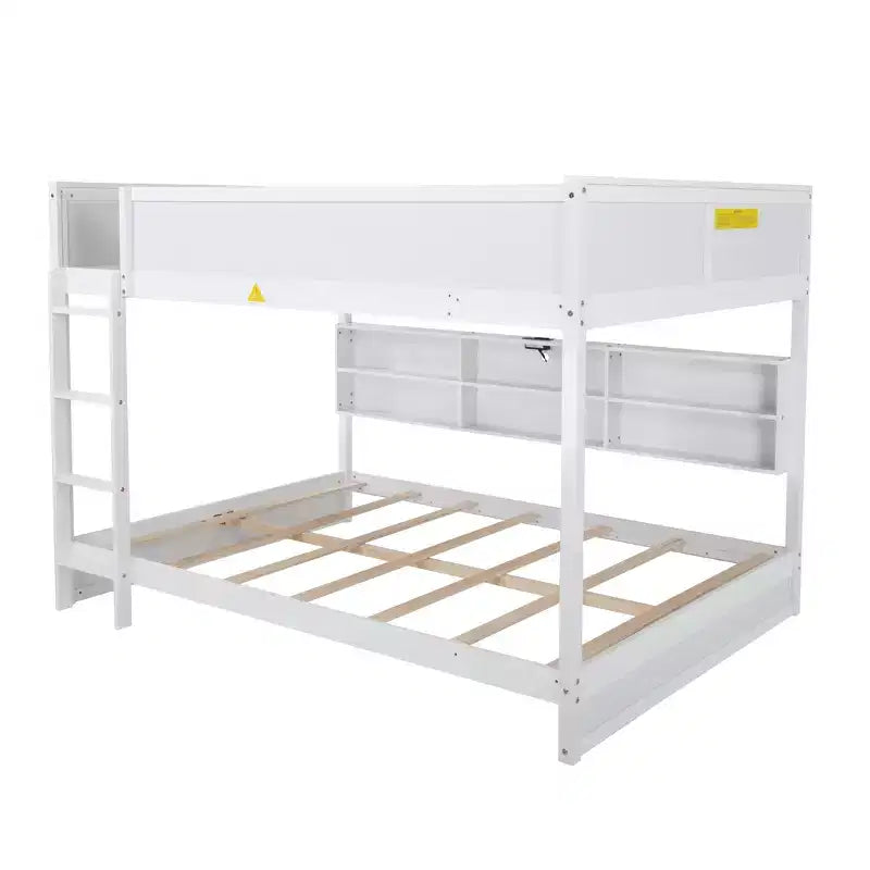 Queen Over Queen Wood Bunk Bed with Built-in Storage Cabinets, Charging Station, Ladder and Safety Guardrails