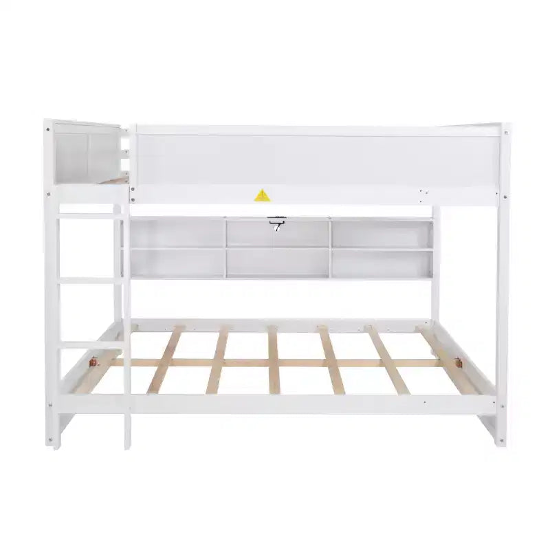 Queen Over Queen Wood Bunk Bed with Built-in Storage Cabinets, Charging Station, Ladder and Safety Guardrails