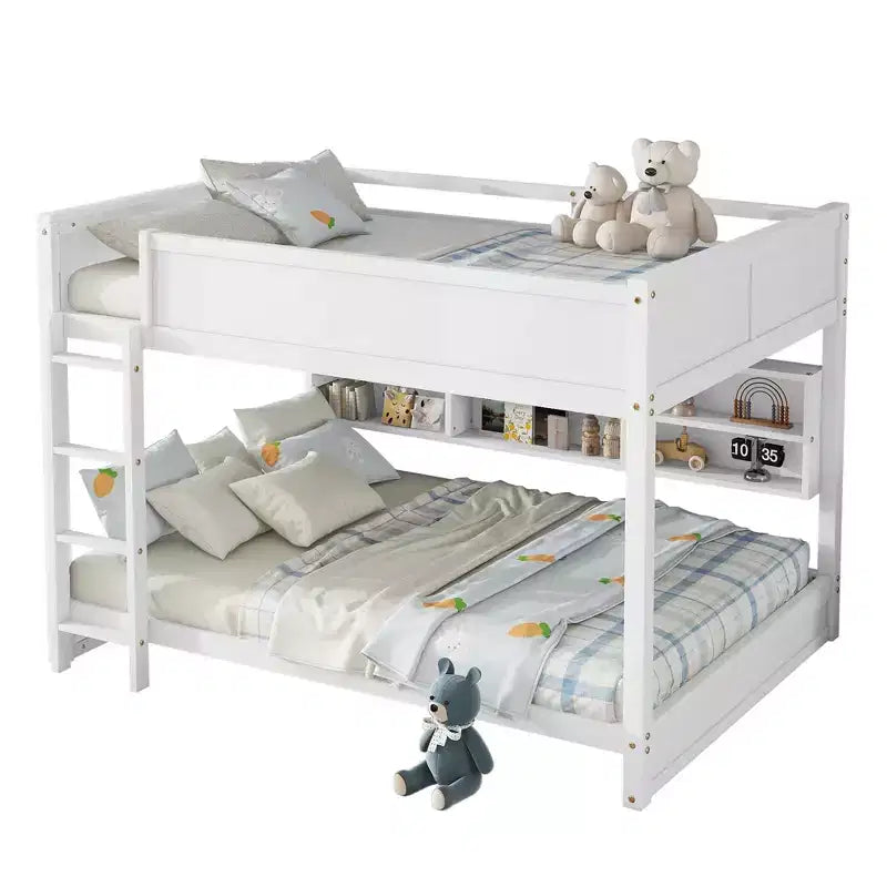Queen Over Queen Wood Bunk Bed with Built-in Storage Cabinets, Charging Station, Ladder and Safety Guardrails