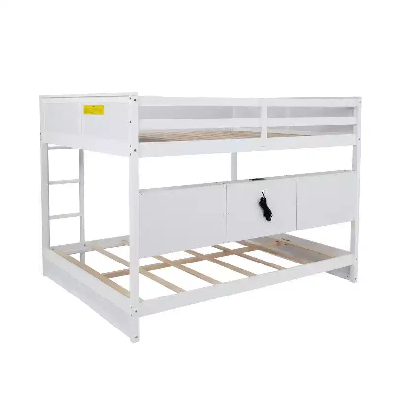Queen Over Queen Wood Bunk Bed with Built-in Storage Cabinets, Charging Station, Ladder and Safety Guardrails