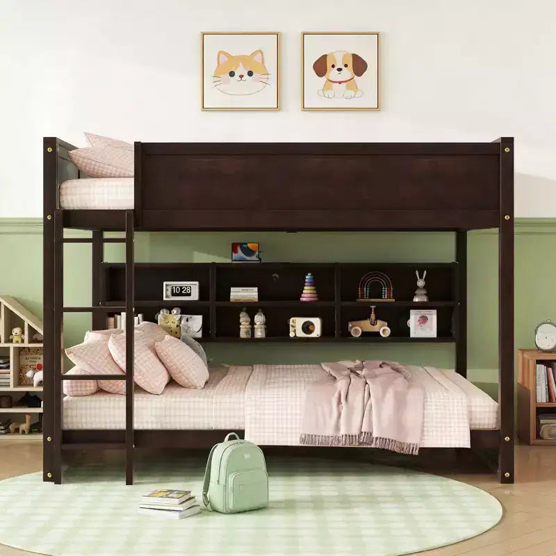 Queen Over Queen Wood Bunk Bed with Built-in Storage Cabinets, Charging Station, Ladder and Safety Guardrails