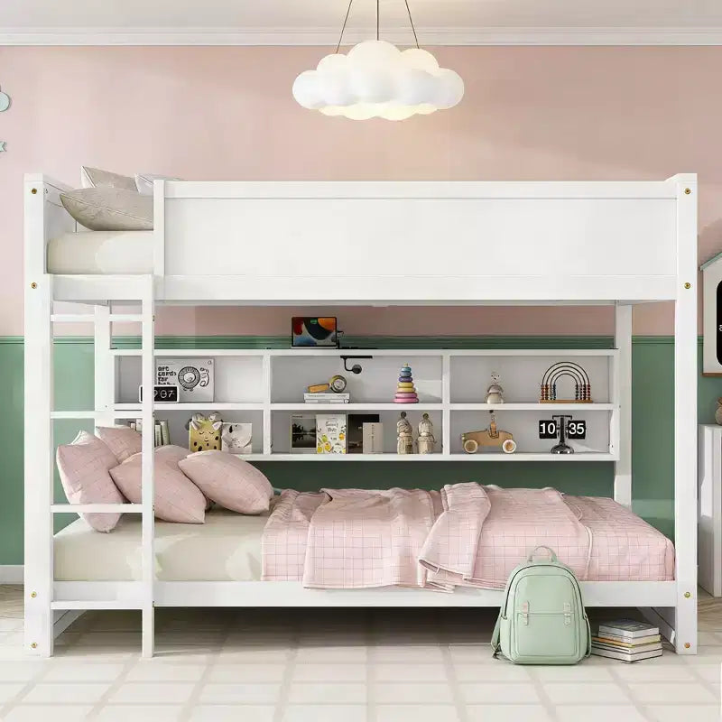 Queen Over Queen Wood Bunk Bed with Built-in Storage Cabinets, Charging Station, Ladder and Safety Guardrails