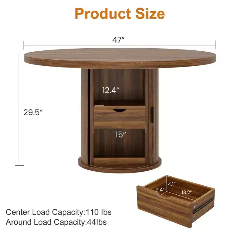 47 Inch Round Dining Table for 4, Kitchen Table with 2-Layer Storage Shelf and a Drawer, Farmhouse Circle Dinner Table (Table Only)