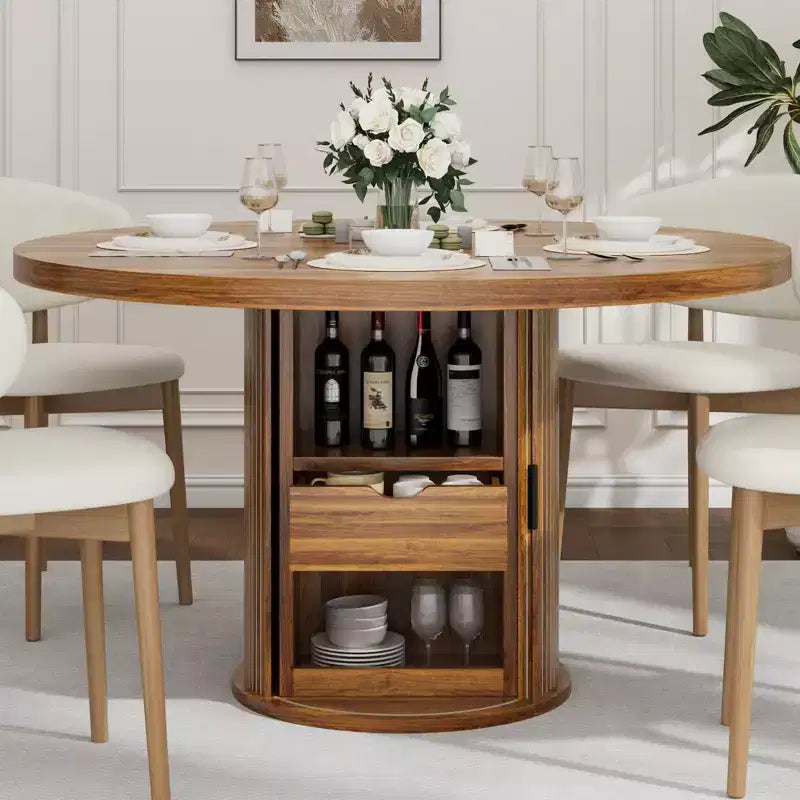 47 Inch Round Dining Table for 4, Kitchen Table with 2-Layer Storage Shelf and a Drawer, Farmhouse Circle Dinner Table (Table Only)