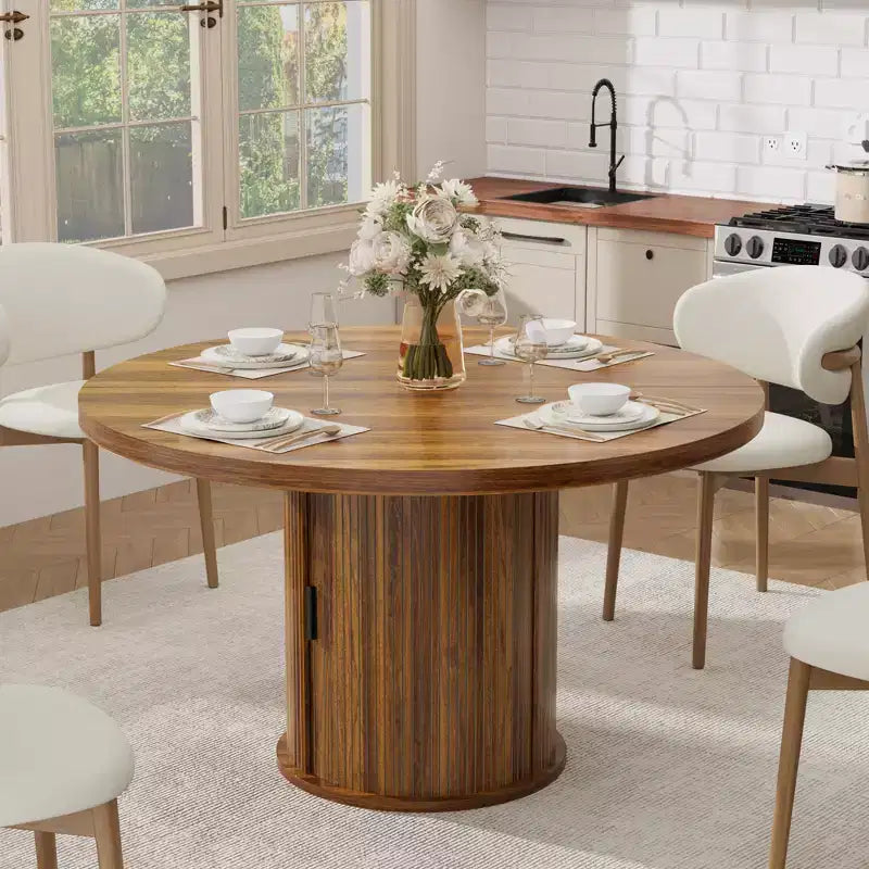 47 Inch Round Dining Table for 4, Kitchen Table with 2-Layer Storage Shelf and a Drawer, Farmhouse Circle Dinner Table (Table Only)