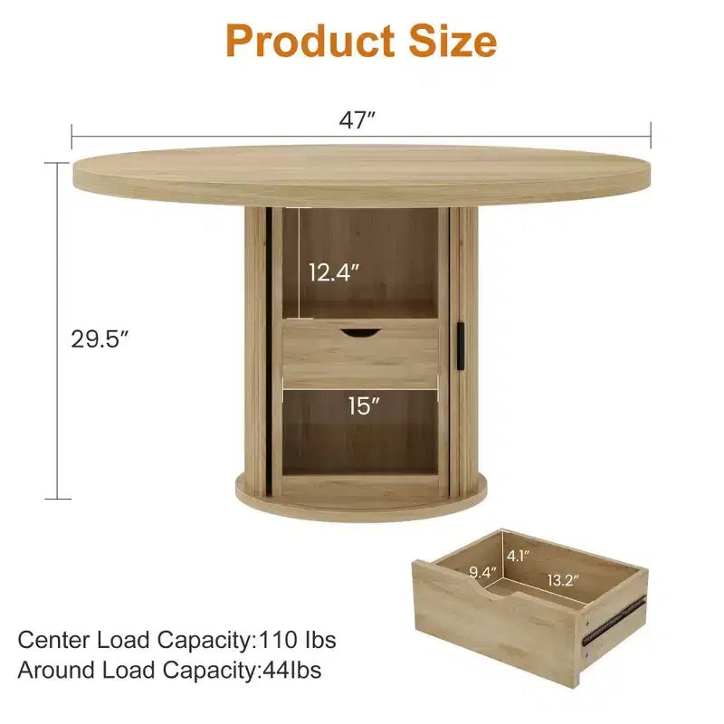 47 Inch Round Dining Table for 4, Kitchen Table with 2-Layer Storage Shelf and a Drawer, Farmhouse Circle Dinner Table (Table Only)