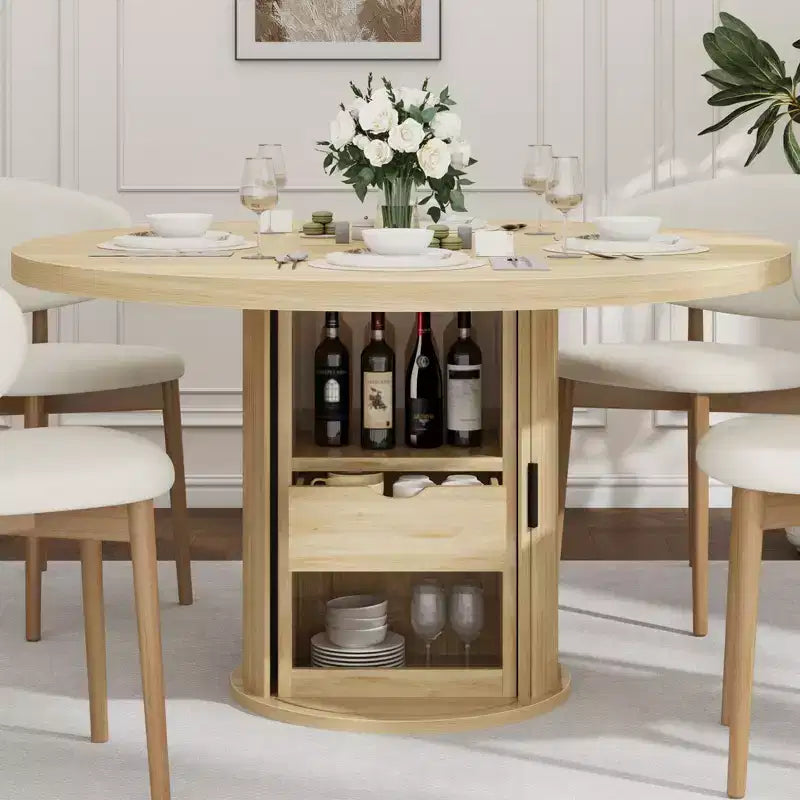 47 Inch Round Dining Table for 4, Kitchen Table with 2-Layer Storage Shelf and a Drawer, Farmhouse Circle Dinner Table (Table Only)