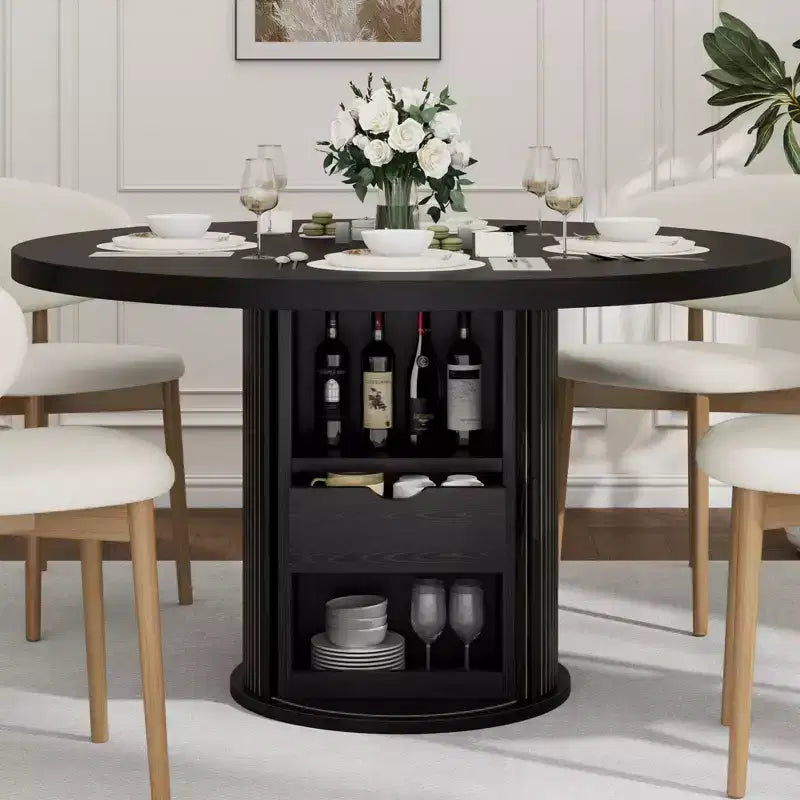 47 Inch Round Dining Table for 4, Kitchen Table with 2-Layer Storage Shelf and a Drawer, Farmhouse Circle Dinner Table (Table Only)