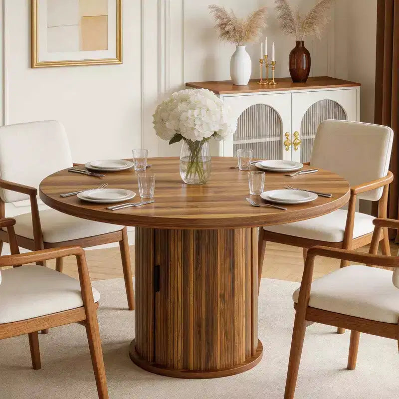 47 Inch Round Dining Table for 4, Kitchen Table with 2-Layer Storage Shelf and a Drawer, Farmhouse Circle Dinner Table (Table Only)