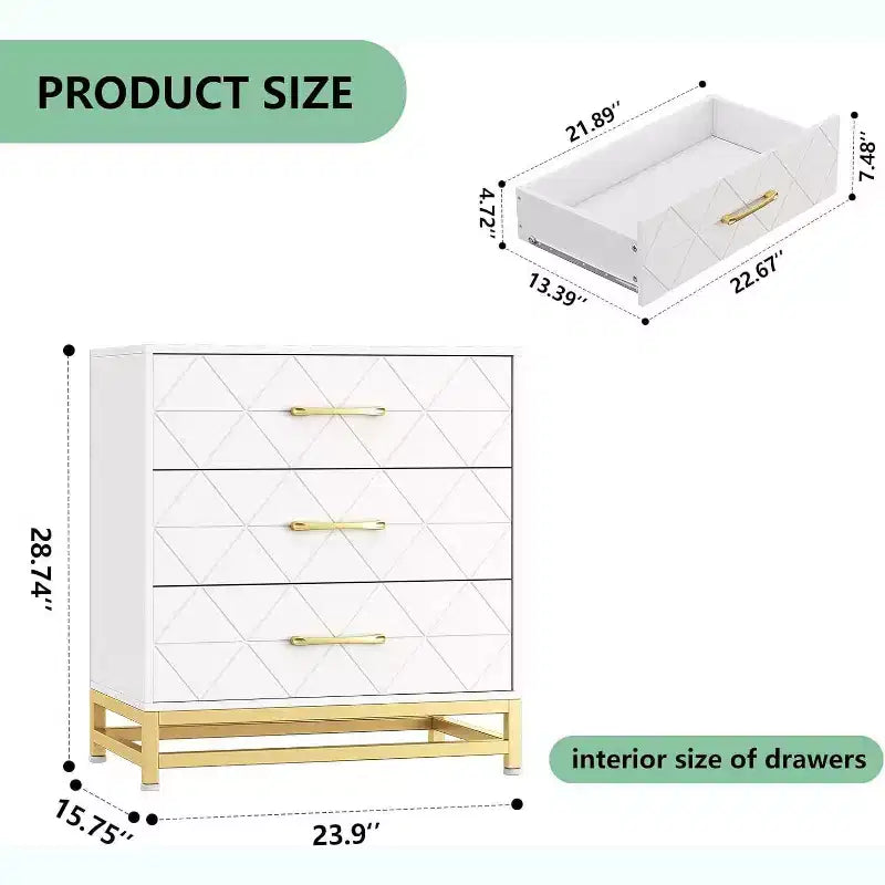 Acekool 3 Drawer Wooden Dresser, Modern Chest of Drawers with Metal Handles, Storage Organizer for Bedroom and Living Room