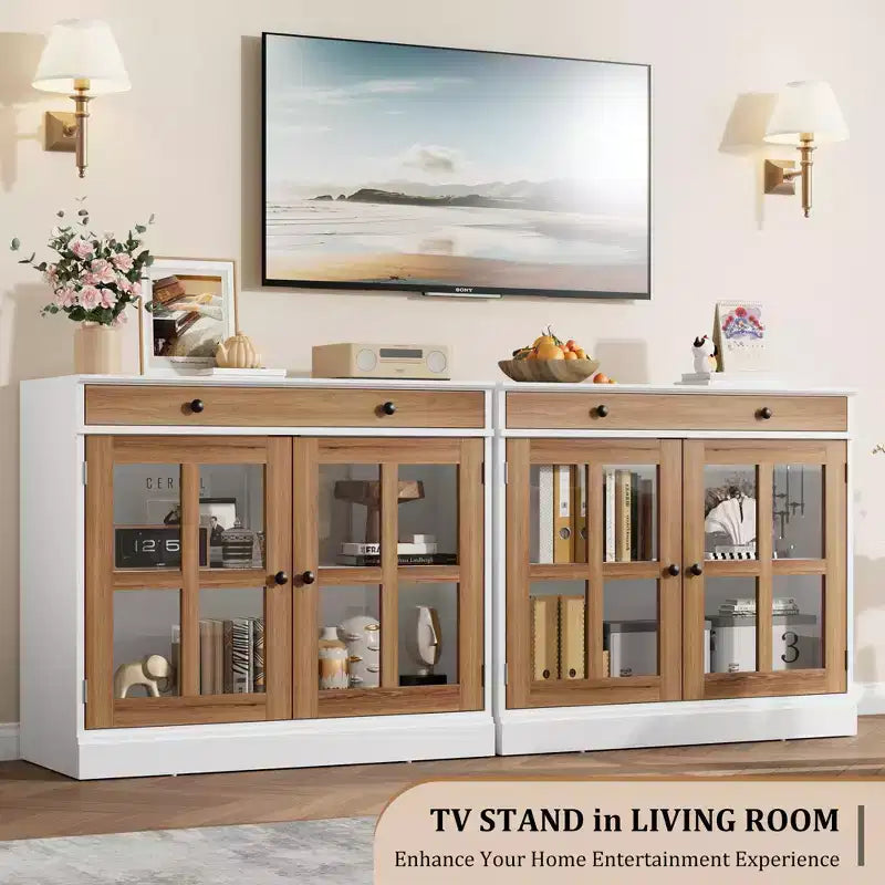 35.4 in Sideboard Buffet Cabinets with Glass Door, Buffet Cabinet with Storage, White&Brown Sideboard Cabinet with Drawer, Modern Buffets & Sideboards